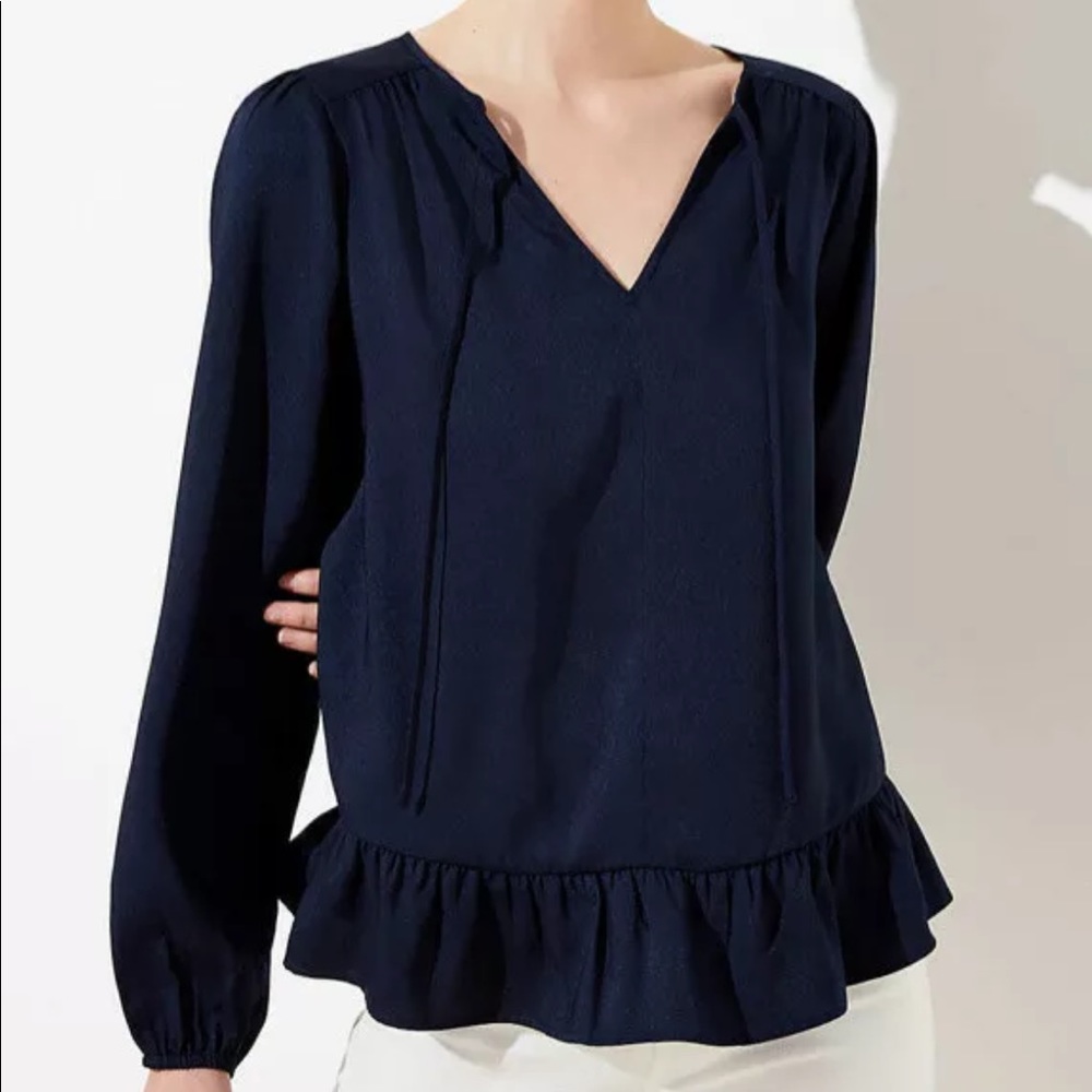 Loft ruffle blouse navy blue top long sleeve shirt. In excellent condition.
